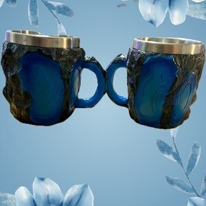 Blue Agate Inspired Stone Mugs with Stainless Steel Inserts (2)